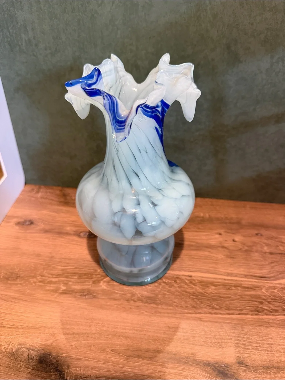 White and Blue Art Glass Ruffled Vase